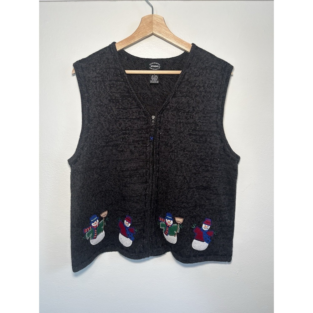 CHRISTMAS SWEATER VEST Full Zip Snowmen Womens L Cotton Blend Designers Orginals